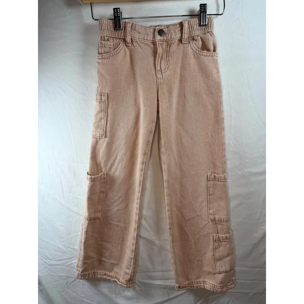 Justice‎ Girls Tan Cargo Pants Cotton Denim Utility Trousers Size 7 wide leg